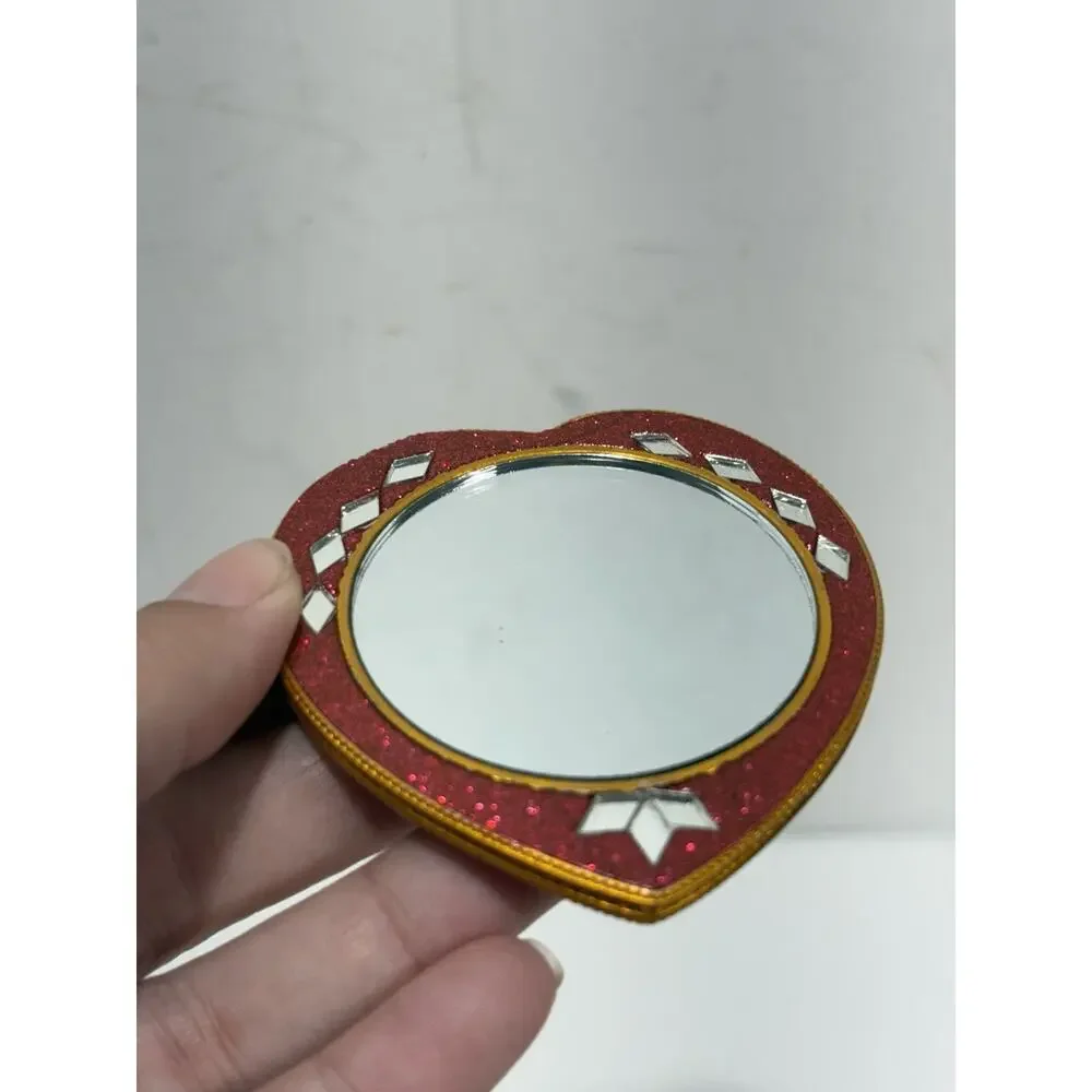 Heart shaped pocket mirror with Lac mirror work Bejeweled Red‎